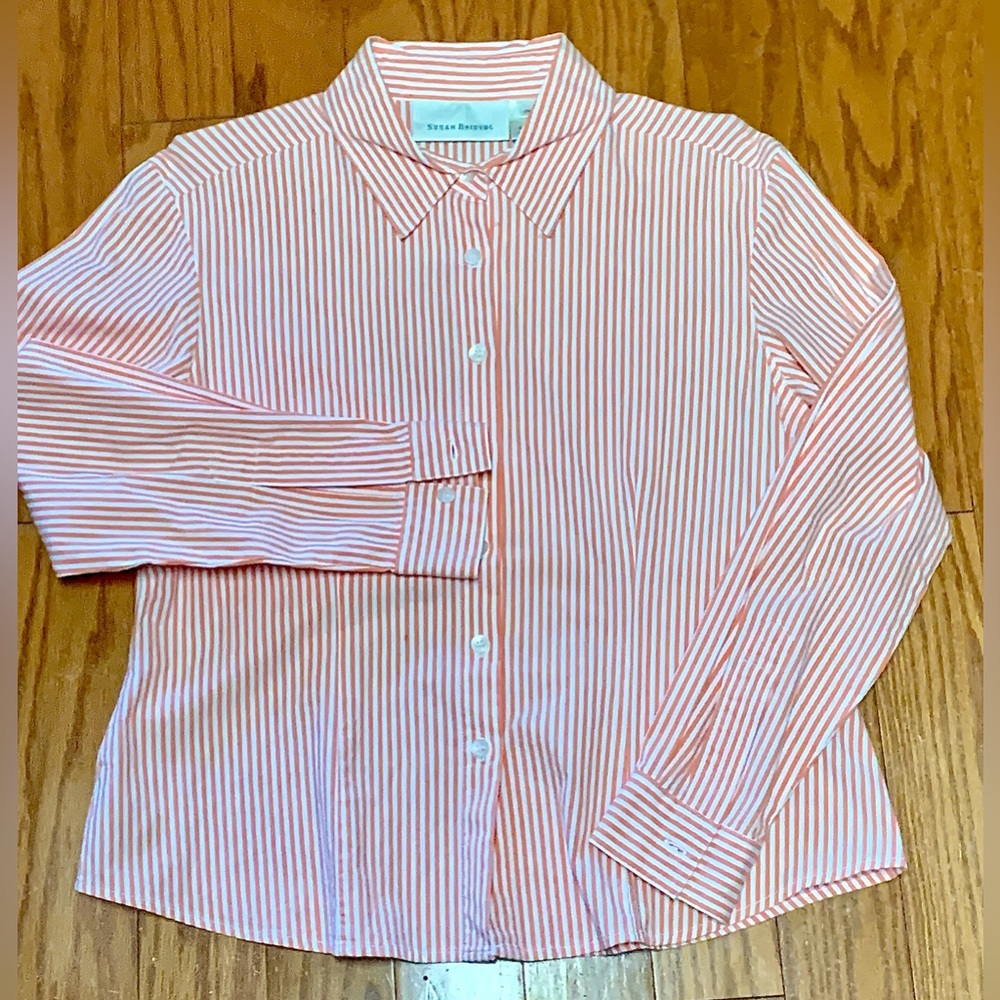 Vtg Women’s Petite Medium Button Front Orange White Striped Susan Bristol Shirt